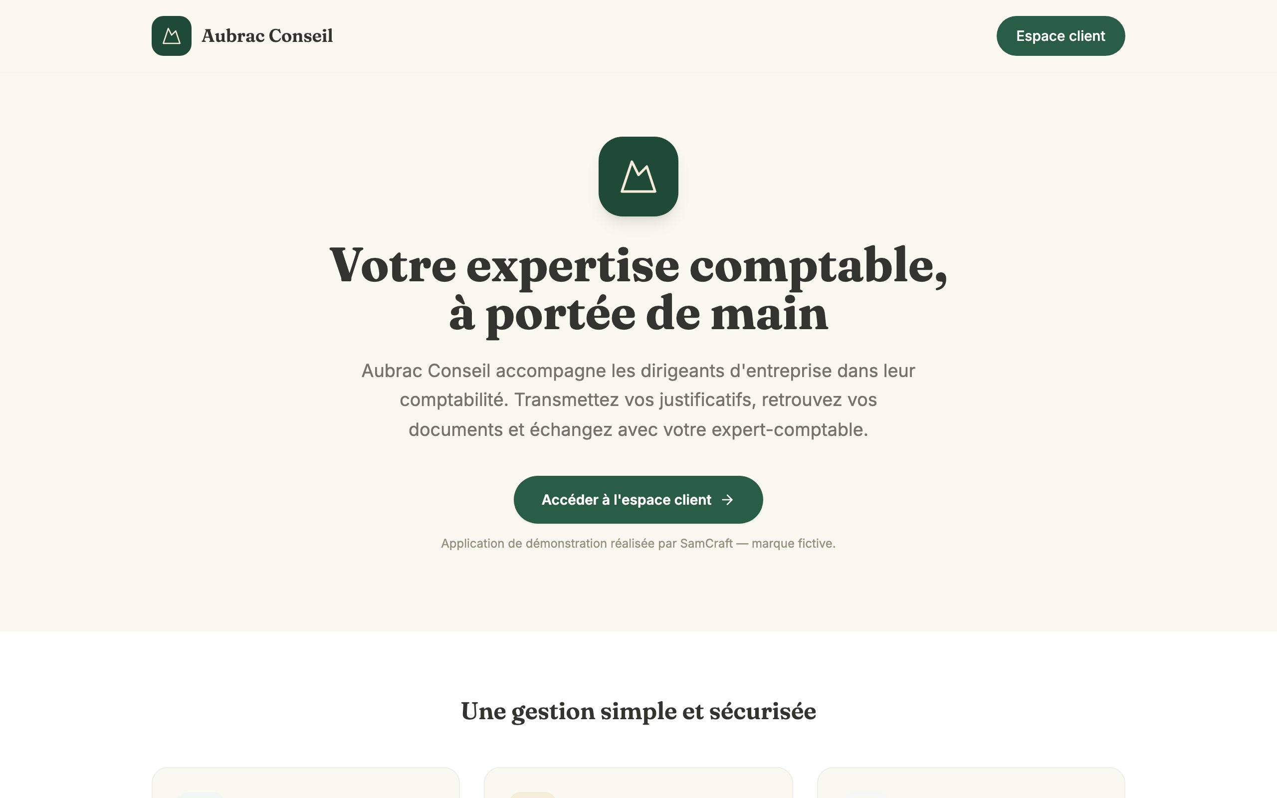 Page d'accueil du site de démonstration Aubrac Conseil