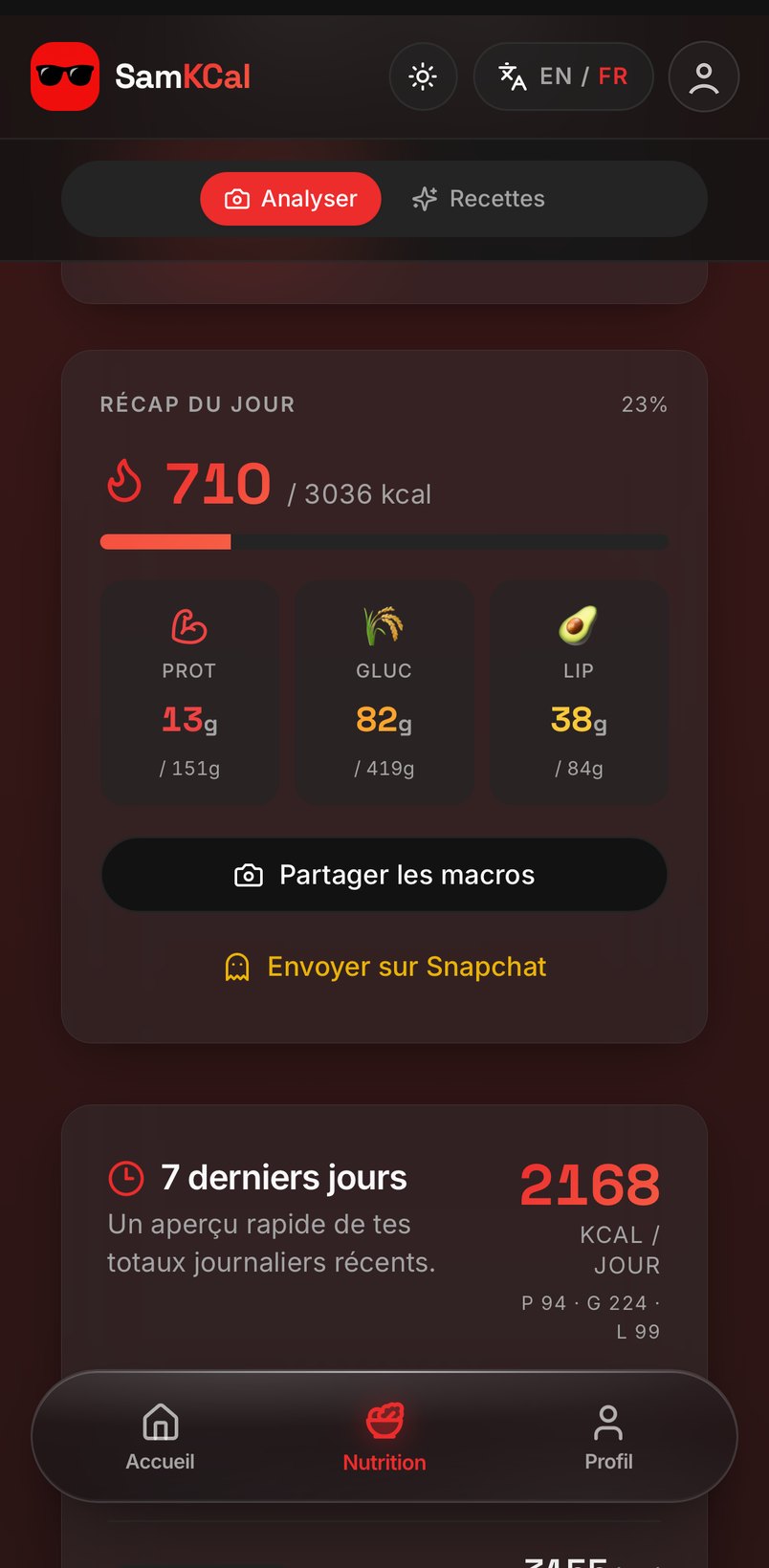 SamKcal, écran 2 sur téléphone